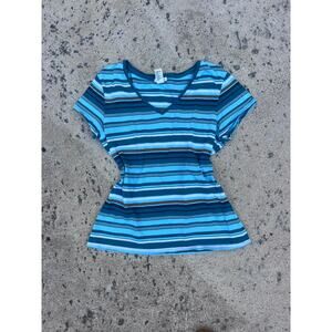 Maurice’s Y2K Blue Teal Brown Striped V-Neck Tee Women’s Medium